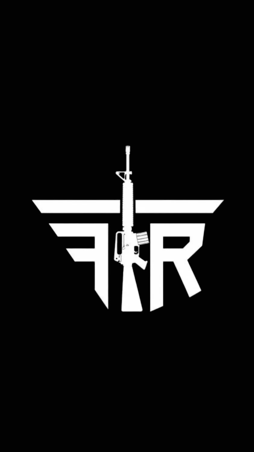 A minimalist black line art logo featuring stylized letters and a rifle silhouette, centered on a solid white background.